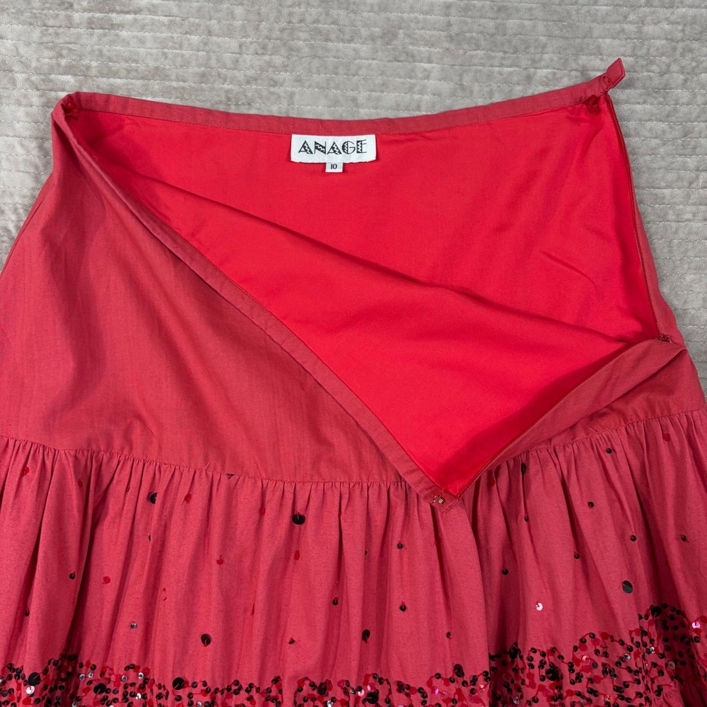 Anage Red Sequin Tiered Maxi Skirt Boho Cotton Ruffle Lined Size 10 - Picture 8 of 10